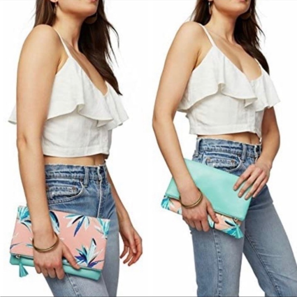 NEW Rachel Pally Palm Print & Mint Green Reversible Foldover Clutch Bag